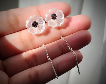 Natural Pink tourmaline round cut with Crystal Quartz flower earring in 14k gold, 925 silver, October birthstone thread and needle earring