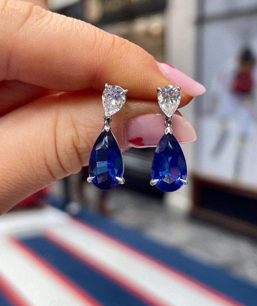 Genuine Blue Sapphire Teardrop Earrings With Zircon on Side Stone