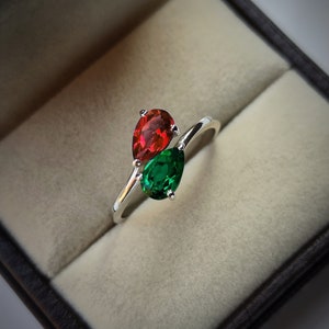Emerald and Garnet two stone ring / pear cut emerald and red garnet ring /925 sterling silver ring /promise ring /birthday gift for her