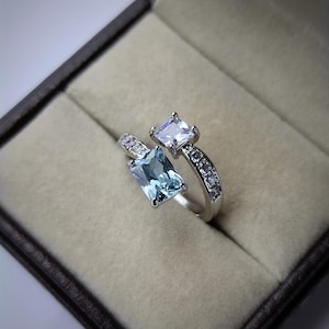 Aquamarine and moissanite Two Stone Ring - Engagement Ring - princess cut aquamarine Ring - promise ring - toi et moi Ring - gift for her