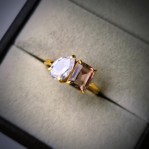 Morganite and moissanite two stone ring / pear cut moissanite ring /925 sterling silver ring / toi et moi ring/ promise ring / gift for her