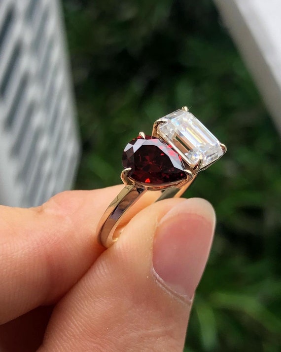 Lab Created Garnet and Zircon Ring Two Stone Ring Engagement Ring