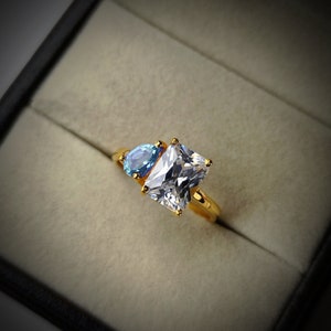 Aquamarine and moissanite Two Stone Ring, Engagement Ring, pear cut aquamarine Ring, promise ring, toi et moi Ring, birthday gift for her