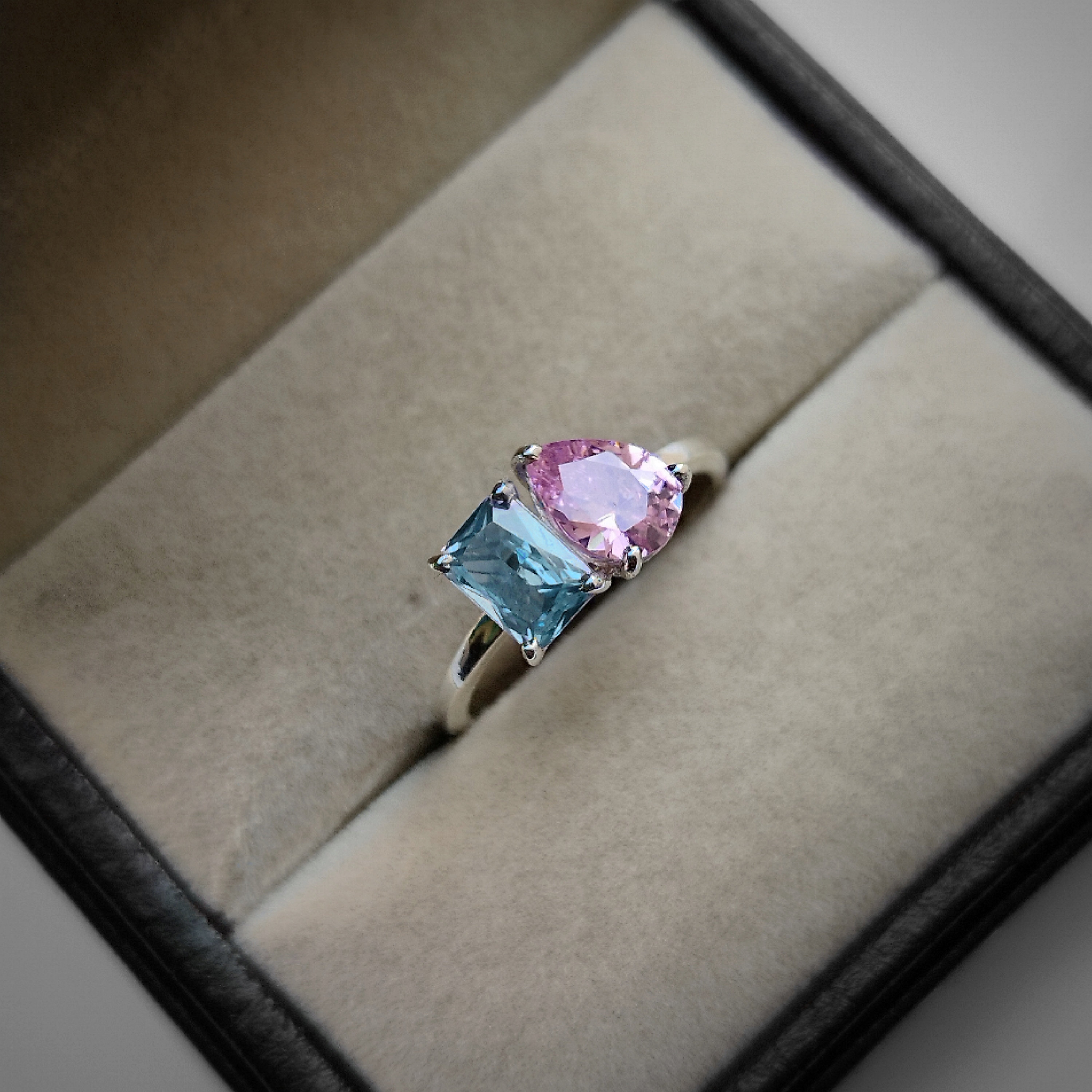 Pink Tourmaline and Aquamarine Two Stone Ring/ October and