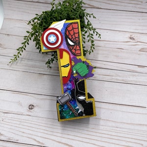Número 3D, número personalizado de los Vengadores, letra 3D, Iron Man, Spiderman, Capitán América, fiesta de los Vengadores, decoración de dormitorio