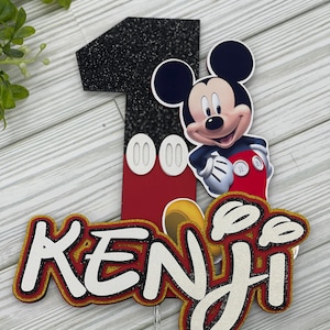Custom Mickey Mouse Birthday Cake Topper, Personalized Name and Age, Party Decoration, 1st Birthday Party Decor, Glitter Layered Name Sign