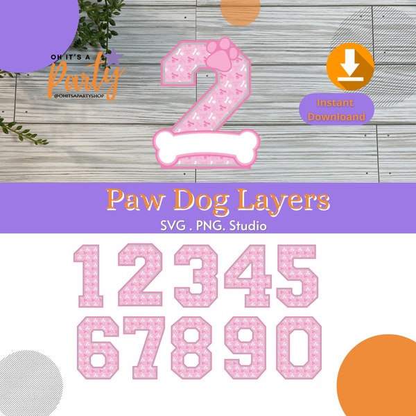 3D Numbers Layers, Pink Paw Dog Design Digital Download, Pink paw Dog Decoration SVG, 3D number layers Paw design, Paw dog cake topper.