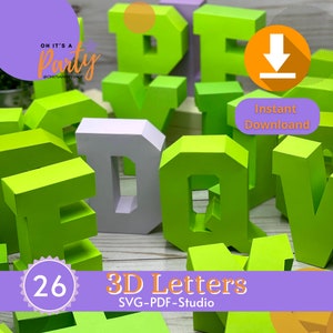 Puede incluir: Un conjunto de 26 letras 3D imprimibles en verde y blanco. Las letras est&aacute;n dise&ntilde;adas para ser recortadas y ensambladas en formas tridimensionales. La imagen incluye el texto "OH IT'S A Party" y "Descarga instant&aacute;nea".