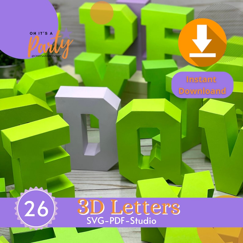 Puede incluir: Un conjunto de 26 letras 3D imprimibles en verde y blanco. Las letras est&aacute;n dise&ntilde;adas para ser recortadas y ensambladas en formas tridimensionales. La imagen incluye el texto "OH IT'S A Party" y "Descarga instant&aacute;nea".