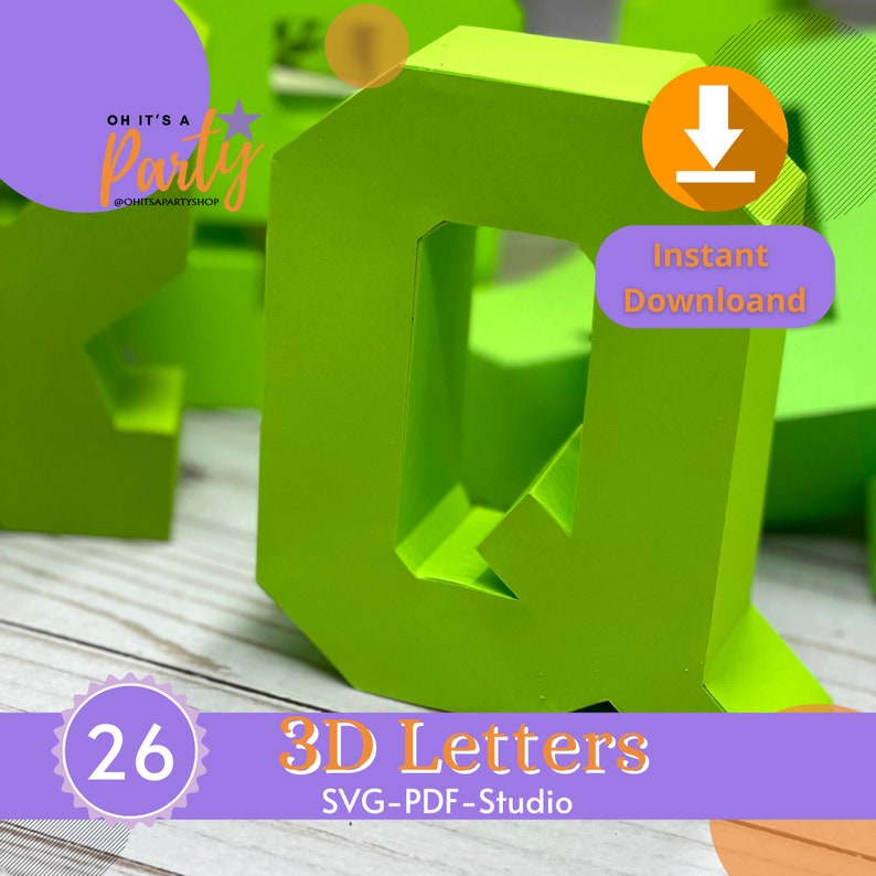Puede incluir: Letra Q en 3D de color verde hecha de papel. La letra es parte de un conjunto de letras 3D para manualidades. La imagen incluye el texto "OH IT'S A Party" y "Descarga instant&aacute;nea".