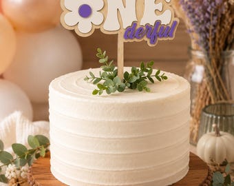 ONE derful Flower Cake Topper, Natural Wood PLA First Birthday Party Decoration