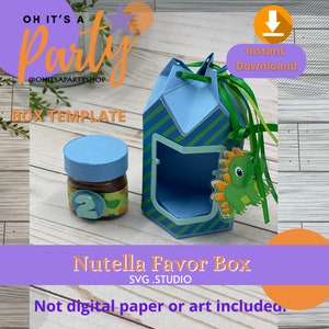 May include: A blue and green favor box with a dinosaur design and a window to display a small jar of Nutella. The box is decorated with a green ribbon and a bow. The text "Nutella Favor Box" and "SVG.STUDIO" are printed on the box. The text "Not digital paper or art included." is printed below the box.