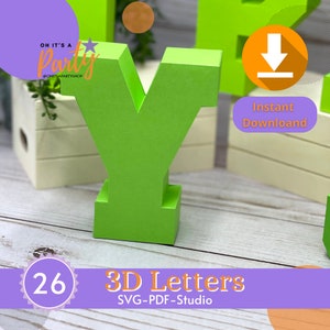 Puede incluir: Una letra Y en 3D de color verde, con el texto "OH IT'S A Party" y "@OHITSAPARTYSHOP" encima. La letra est&aacute; sobre una superficie de madera con un fondo morado. El texto "26" est&aacute; en un c&iacute;rculo blanco con un fondo morado. El texto "3D Letters SVG-PDF-Studio" est&aacute; en texto blanco sobre un fondo morado. El texto "Descarga instant&aacute;nea" est&aacute; en texto blanco sobre un fondo morado con un icono de descarga.