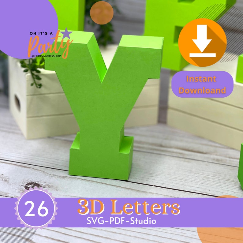 Puede incluir: Una letra Y en 3D de color verde, con el texto "OH IT'S A Party" y "@OHITSAPARTYSHOP" encima. La letra est&aacute; sobre una superficie de madera con un fondo morado. El texto "26" est&aacute; en un c&iacute;rculo blanco con un fondo morado. El texto "3D Letters SVG-PDF-Studio" est&aacute; en texto blanco sobre un fondo morado. El texto "Descarga instant&aacute;nea" est&aacute; en texto blanco sobre un fondo morado con un icono de descarga.