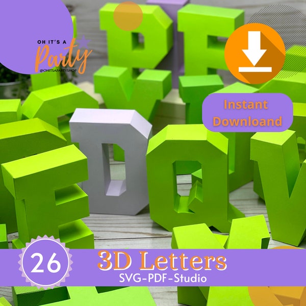 Modèle de lettres de l'alphabet 3D de A à Z, fichiers de découpe pour manuel ou machine, modèle de découpe, lettres 3D SVG pour Cricut et Silhouette, PDF.