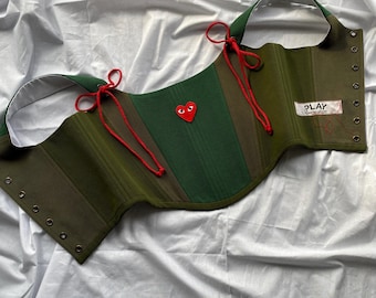 Upcycled Patchwork Corset | CDG PLAY Red Heart Bustier, Green Tonal Fabrics