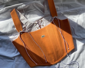 Orange korsetttopp med snörning på axeln, strukturerad bustier i premium pikétyg, foder i 100 % bomull, storlek L, unik sommartopp