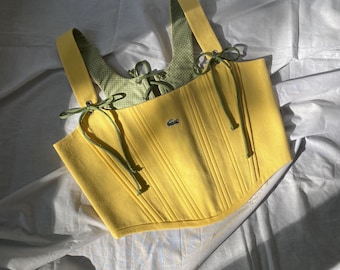 Upcycled Yellow Polo Corset Top, Designer Shirt Reworked, Cotton Lined Bustier