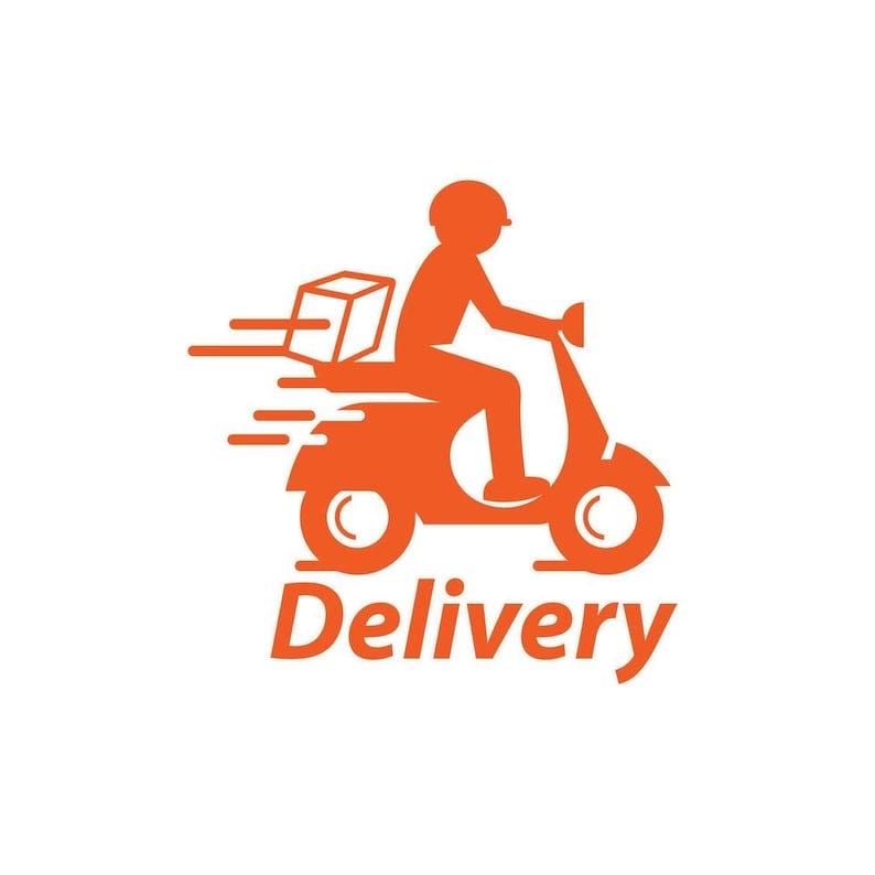 Peut inclure: Silhouette orange d'une personne sur un scooter, transportant un colis, avec le mot "Delivery" en dessous. L'image sugg&egrave;re des services de livraison rapides, parfait pour le e-commerce et les achats en ligne.