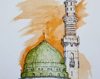 Al-Masjid an-Nabawi, Medina | A3 A4 A5 PRINT | Watercolour and Ink |Ramadan Mubarak, Eid Gift, Painting, Prophet Muhammad Mosque, Hand Drawn