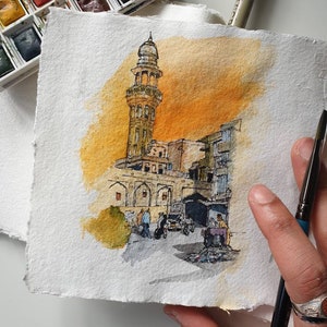 Walled City of Lahore, Pakistan | PRINT | Watercolour and Ink | A4 A5 Fine Art Print, Eid Gift, Street scene, Painting, Handmade, Wall Art