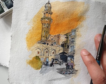 Ommuurde stad Lahore, Pakistan | print | Aquarel en inkt | A4 A5 Fine Art Print, Eid Gift, Straat scene, Schilderij, Handgemaakte, Wall Art