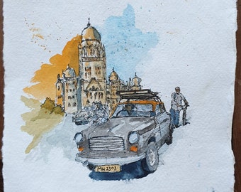 Old Mumbai Bombay Taxi, India | ORIGINAL & PRINT | Watercolour and Ink | 15x15cm Indian Cotton Rag Paper | A5 Fine Art Print, Handmade, CSM