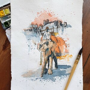 Man on Elephant II | ORIGINAL & PRINT | Watercolour and Ink | 21cm x 30cm Indian Cotton Rag Paper | Pakistani Indian Handmade, A3 Wall Art