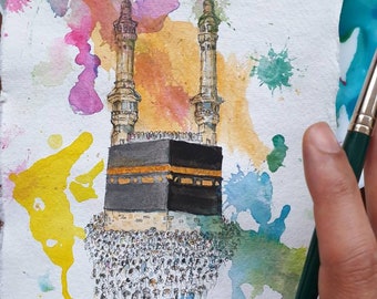 Kaaba, Masjid al-Haram, Hajj | ORIGINAL & PRINT | Watercolour and Ink | 15.3x21.5cm Indian Cotton Rag Paper | A5, Ramadan Mubarak, Eid Gift