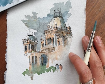 Noor Mahal, Bahawalpur, Pakistan | Handgemaakte street art | ORIGINEEL & PRINT | Aquarel en inkt | A5 Indiase katoenen lap papier | Muur kunst