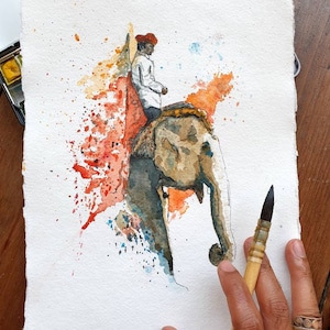Man on Elephant I | ORIGINAL & PRINT | Watercolour and Ink | 21cm x 30cm Indian Cotton Rag Paper | Pakistan Indian Handmade, A3/A4 Wall Art