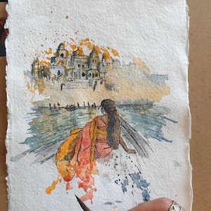 Woman on the Ganges | Valentine&#39;s Gift | Ganga Indian Handmade wall Art Painting India | A5 PRINT | Watercolour and Ink
