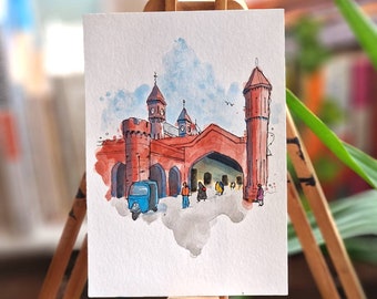 Lahore Junction Railway Station, Pakistan | Watercolour and Ink | Print A3/A4/A5 Size | Pakistani Art Mughal Architecture Urban Sketch