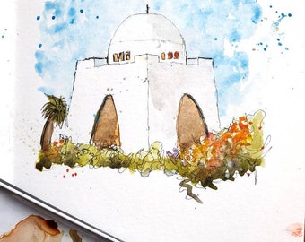 Mazar E Quaid, Jinnah Mausoleum, Karachi, Pakistan | A4/A5 PRINT | Hand Drawn Watercolour & Ink | Drawing Painting Eid Gift Wall Art