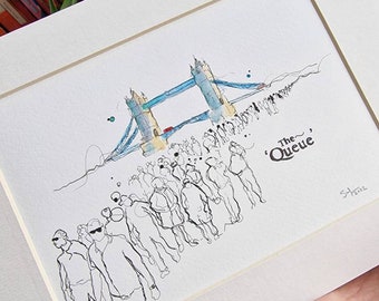 The Queue, Londen | Koningin Elizabeth II lag in | Aquarellen en inkt | A3/A4/A5 formaat afdrukken | Tower Bridge Koninklijk Begrafenismonument
