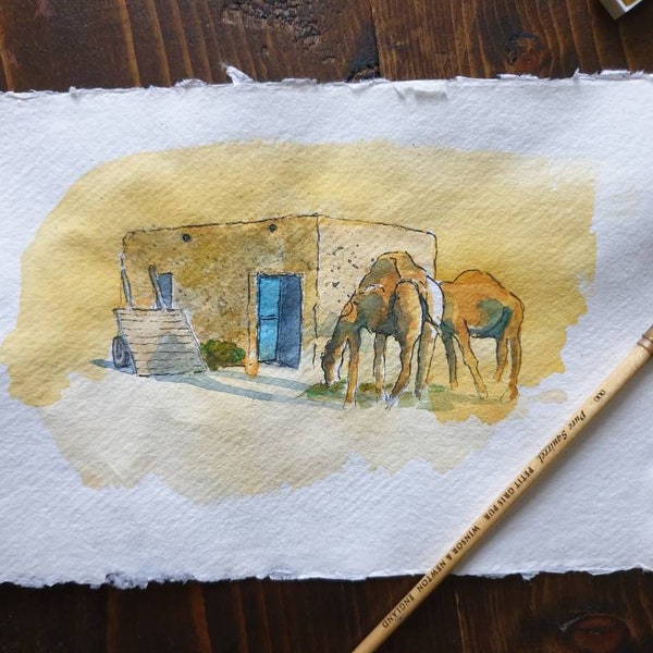 Village Scene, India, Pakistan | A3/A4/A5 Wall Art | ORIGINAL & PRINT | Watercolour and Ink | Indian Cotton Rag Paper