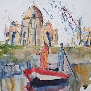 Taj Mahal, Boat Couple, India | ORIGINAL & PRINT | Watercolour and Ink | 38cm x 58cm Indian Cotton Rag Paper | A3/A4 |