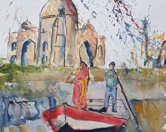 Taj Mahal, Boat Couple, India | ORIGINAL & PRINT | Watercolour and Ink | 38cm x 58cm Indian Cotton Rag Paper | A3/A4 |