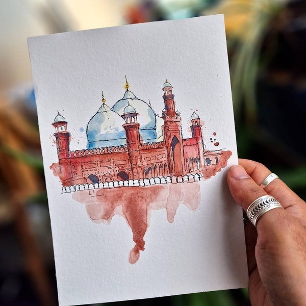 Badshahi Masjid, Lahore, Pakistan | Watercolour and Ink | Print A3/A4/A5 Size | Pakistani Art Mughal Architecture Urban Sketch Islamic Art