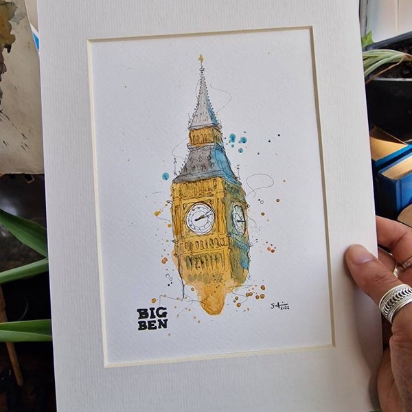 Big Ben, Londres | ORIGINAL ET IMPRESSION | Aquarelle et encre | Format A3/A4/A5 | Royaume-Uni, Westminster, Horloge, Chambres du Parlement, Angleterre