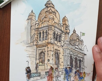 Lahore Museum, Pakistan | A3 / A4 / A5 print | Handgetekende aquarel en inkt | Tekenen, schilderen | Eid Gift, Punjab, Stedelijke Schets