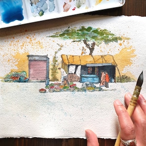 Indian Street Market A3/A4/A5 Wall Art | ORIGINAL & PRINT | Watercolour and Ink | 21cm x 30cm Indian Cotton Rag Paper |  India Pakistan