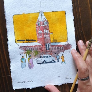 Chennai Central, South India | Handmade Indian Street Art | ORIGINAL & PRINT | Watercolour and Ink | A3 A4 A5 Wall Art Tamil Nadu