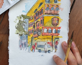 Haveli, Ommuurde Stad van Lahore Pakistan | Handgemaakte street art | ORIGINEEL & PRINT | Aquarel en inkt | A5 Indiase katoenen lap papier | Gift