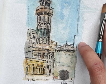 Masjid Wazir Khan, Lahore | ORIGINEEL & PRINT | Aquarel en inkt | 15x15cm Indiase katoenen vodden papier | A5 Fine Art Print, Mughal Moskee, Eid