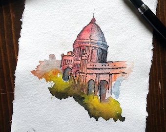 Ahsan Manzil Museum, Dhaka, Bangladesh | A3 / A4 / A5 handgemaakte | Aquarel en inkt | Indian Cotton Rag Papier | Origineel artwork