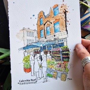 Columbia Road Flower Market, Bethnal Green, East London | Watercolours and Ink | ORIGINAL and PRINTS | Urban Sketch, Painting, Wall Art
