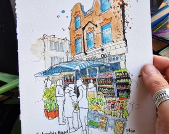 Columbia Road Flower Market, Bethnal Green, East London | Watercolours and Ink | ORIGINAL and PRINTS | Urban Sketch, Painting, Wall Art