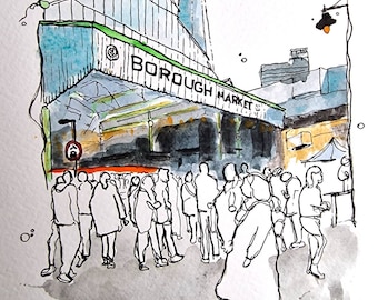 Borough Market, Southwark, London | Watercolours and Ink | Print A3/A4/A5 Size | Urban Sketch Painting Wall Art