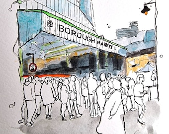 Borough Market, Southwark, Londen | Aquarellen en inkt | A3/A4/A5 formaat afdrukken | Urban Sketch Schilderij Kunst aan de muur